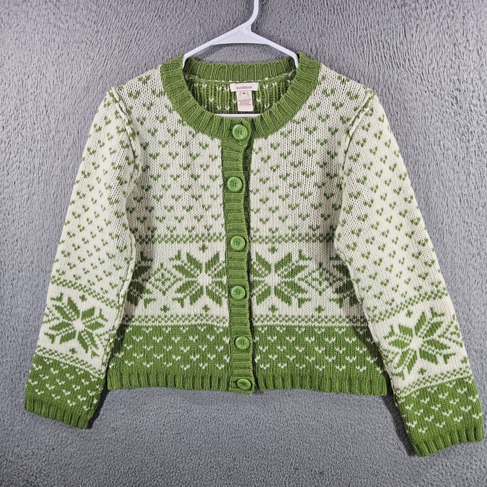 Sundance Green Cream Lambswool Fair Isle Snowflake‎ Cardigan Sweater Womens Sz M